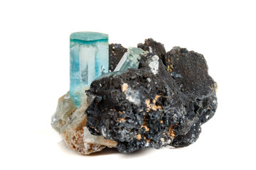 Macro mineral stone Aquamarine and black tourmaline, Schorl on a white background