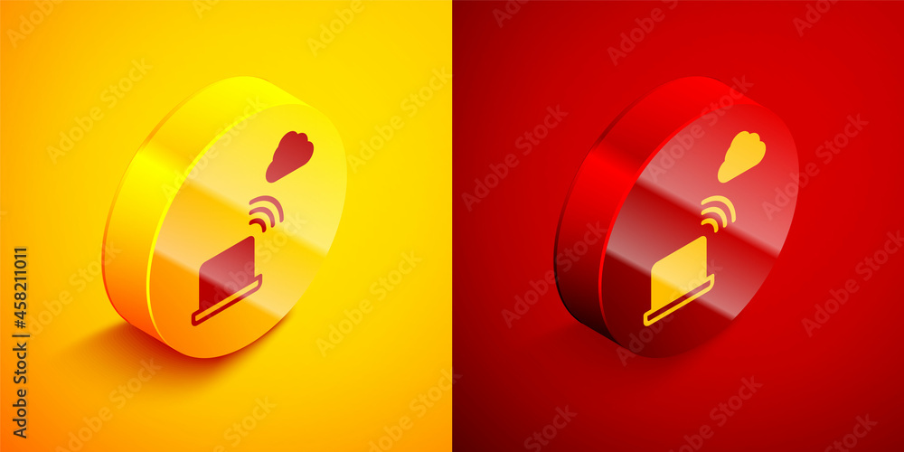 Poster isometric network cloud connection icon isolated on orange and red background. social technology. cl
