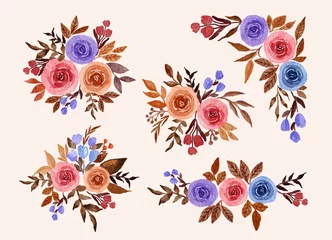 Fotobehang Collection of pink and blue flower decoration arrangement watercolor illustration © mysunshineart