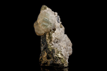 Macro of a mineral stone Sphalerite with fluorite and pyrite on a black background close up
