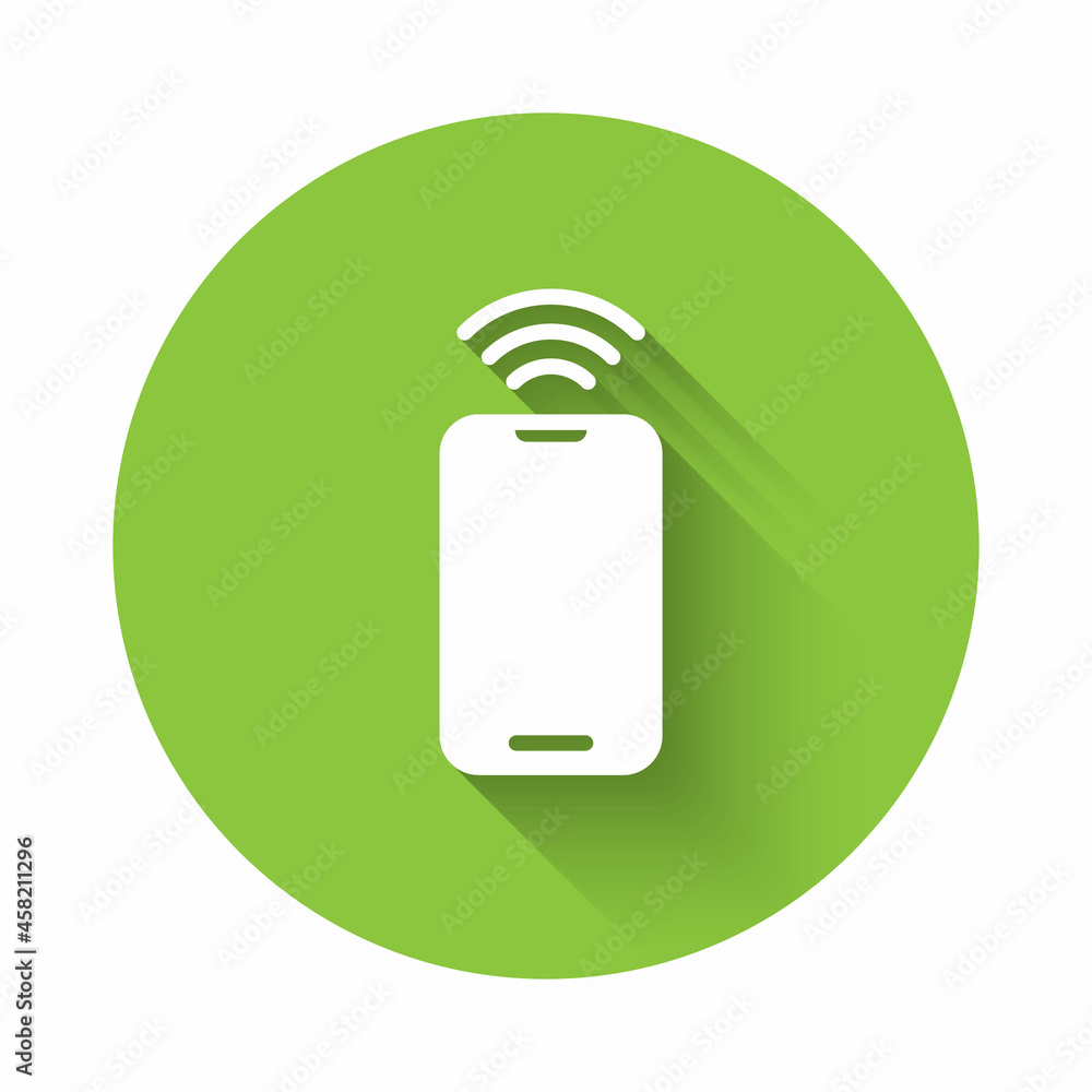 Poster white smartphone with free wi-fi wireless connection icon isolated with long shadow background. wire