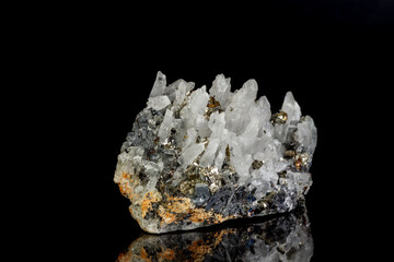 Macro mineral stone Galena, Sphalerite, Pyrite, Quartz on a black background