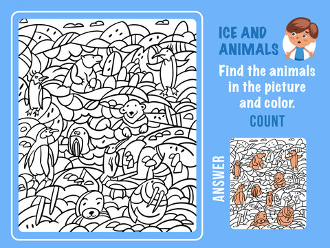 Find animals among the snow and ice, color and count. Games for kids. Puzzle game with hidden objects. Funny cartoon characters. Vector illustration.
