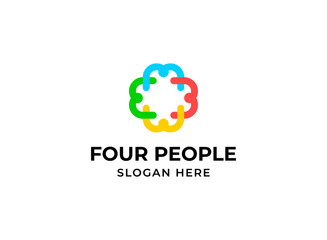 Four people teamwork logo. Family, team or friends holding hands in square logotype. Social network colorful symbol. Human community, friendship, unity icon isolated