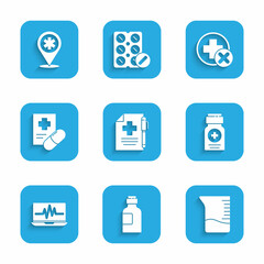 Set Medical prescription and pen, Bottle of medicine syrup, Measuring cup, Medicine bottle, Laptop with cardiogram, Cross hospital medical and Map pointer cross icon. Vector