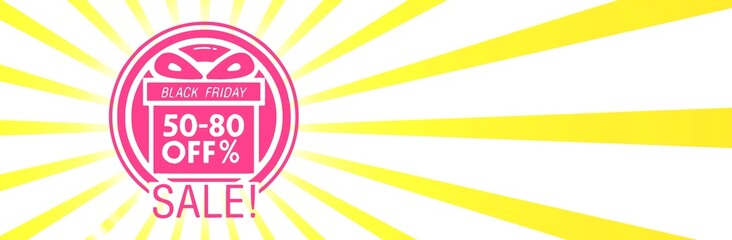 Black friday retro sales banner with sunrays, announcing discount, advertisement items, oldskool banner sunburst background