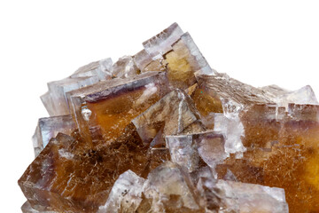 Macro mineral stone yellow Fluorite on a white background