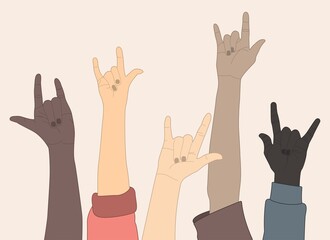 Diversity hands gesturing rock-metal sign flat cartoon character vector illustration