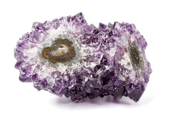 Macro mineral stone Amethysts eye crystals on white background