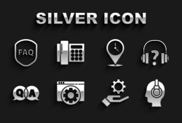 Set Browser setting, Headphones, Support operator touch, Settings the hand, Question Answer, Location with clock, Shield text FAQ and Telephone icon. Vector