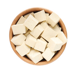 Wooden bowl with delicious tofu isolated on white, top view