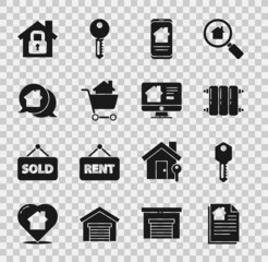Set House contract, key, Heating radiator, Online real estate house, Shopping cart with, Real message, under protection and icon. Vector