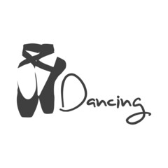 Logotipo con texto manuscrito Dancing con silueta de zapatillas de ballet en color gris