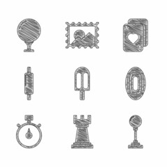 Set Ice cream, Business strategy, Joystick for arcade machine, American Football ball, Stopwatch, Rolling pin, Playing cards and Golf on tee icon. Vector