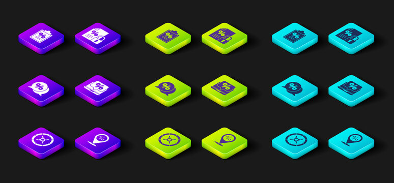 Set Safe, Location with percent discount, Discount tag, Percent and laptop, Finance document lock and icon. Vector