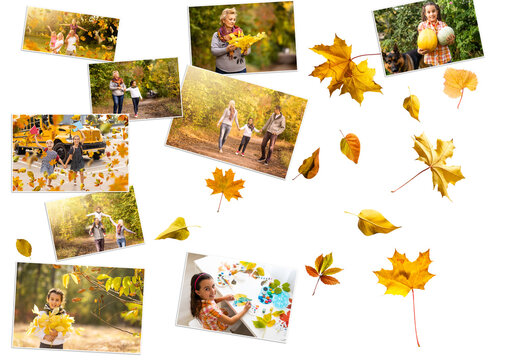 Collage autumn. family photos and yellow leaves.