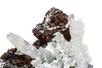 Macro mineral stone Drusus quartz with sphalerite in the rock a white background