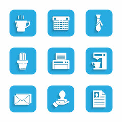 Set Printer, Hand for search a people, Resume, Coffee machine, Envelope, Cactus succulent pot, Tie and cup icon. Vector