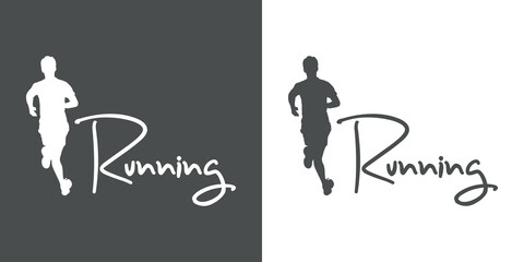 Logotipo con texto manuscrito Running con silueta de corredor en fondo gris y fondo blanco