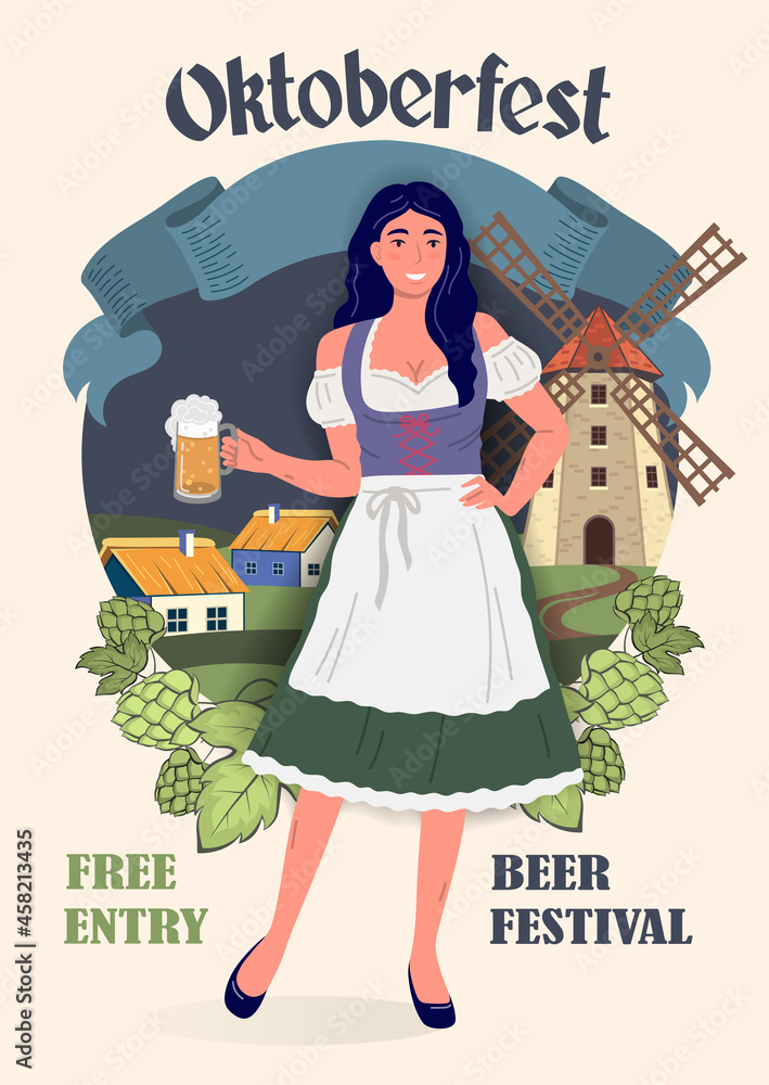 Wall mural oktoberfest beer festival poster in retro style. young oktoberfest girl in national german tradition