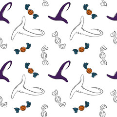 Halloween seamless pattern with witch hat and candies. Cartoon background with simple elements. Holiday print for wrapping paper, dishes, tablecloths and napkins for party, greeting cards, invitations