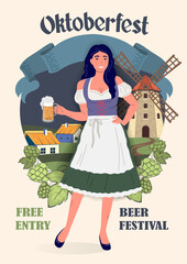 Oktoberfest Beer Festival poster in retro style. Young Oktoberfest girl in national German traditional clothes with a glass of beer in her hand against the background of a rural landscape. Flat vector