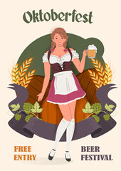 Young Oktoberfest girl in national German traditional clothes with a glass of beer against the background of beer barrels, barley and hops. Retro Oktoberfest Festival poster  vector illustration