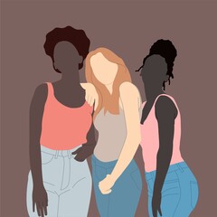 Three beautiful multiethnic women, beauty lifestyle and multiracial friendship concept.  flat cartoon character vector illustration