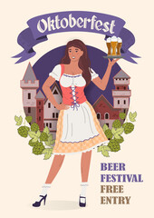 Oktoberfest Beer Festival poster in retro style. Young Oktoberfest girl in national costume with glasses of beer on a tray. Flat vector illustration. 