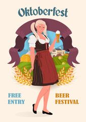 Young smiling girl in traditional German clothes with a glass of beer in her hand, against the background of a rural landscape. Oktoberfest Festival poster in retro style. Flat vector illustration.
