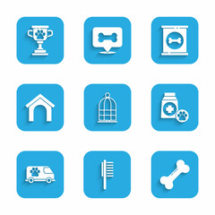 Set Cage for birds, Pets vial medical, Dog bone, Bag of food, Veterinary ambulance, house, Canned and award icon. Vector