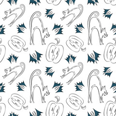 Cute Halloween seamless pattern with doodle cats, bats and jack o'lantern pumpkins. Festive print in hand drawn style. Spooky wallpaper design, party dishes, wrapping paper, greeting card, invitation.