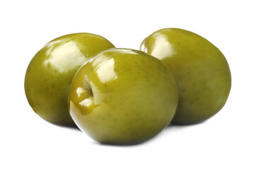 Three fresh green olives on white background