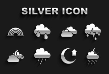 Set Cloud with rain, and lightning, moon, Moon, Rainbow and icon. Vector