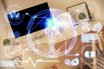 Double exposure of education theme drawing and office interior background. Concept of science.