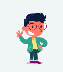 cartoon character of little boy on jeans waving while smiling.