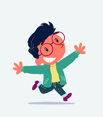 cartoon of little boy on jeans running euphoric.