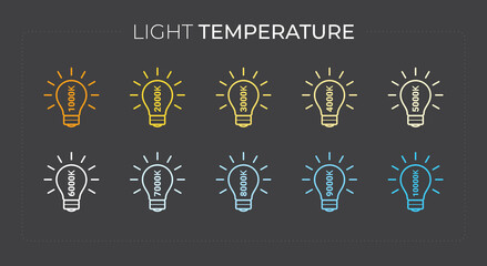 Vector Light temperature infographics with lightbulbs from hot to cold lighting with text labels - obrazy, fototapety, plakaty