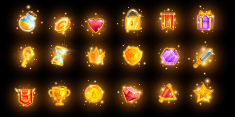 Magic game icon set, mobile casino app UI collection, golden reward trophy kit, glowing crown. Vector treasure assets, inventory objects, spark RPG shield, award crown level up prize. Online game icon - obrazy, fototapety, plakaty