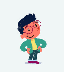 Satisfied cartoon character of little boy on jeans.