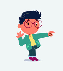Surprised cartoon character of little boy on jeans points to something to his side.