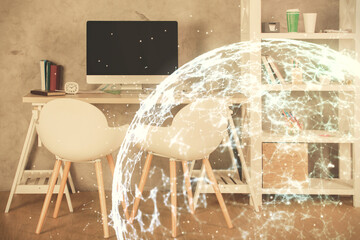 Double exposure of social network theme drawing and office interior background. Concept of web.