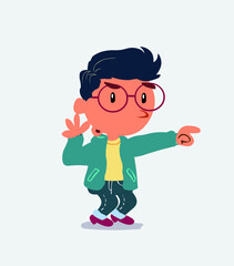 Surprised cartoon character of little boy on jeans points to something.