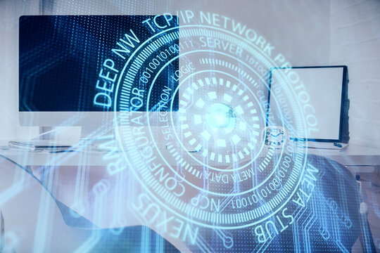 Multi exposure of data theme drawing and office interior background. Concept of technology.