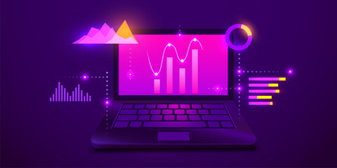 Business strategy and planning. Data analysis and investment. Business success. Computer with infographic elements. Design for presentation.