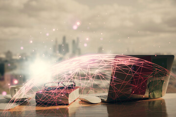 Double exposure of social network theme drawings and desk with open notebook background. Concept of...