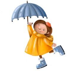 cute girl dancing under rain with umbrella, children's illustration, autumn clipart with cartoon character