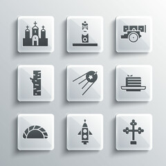 Set Rocket ship, Christian cross, Medovik, Satellite, Dumpling, Birch tree, Church building and Cannon icon. Vector