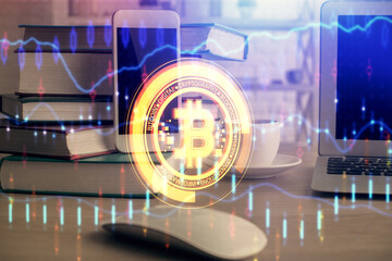 Double exposure of blockchain theme drawing and cell phone background. Concept of cryptomarket