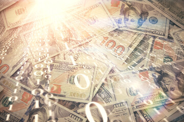 Double exposure of data theme drawing over us dollars bill background. Technology concept.
